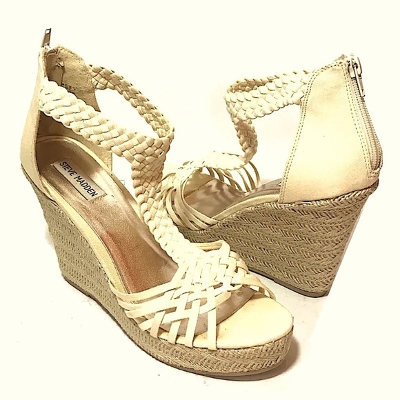STEVE MADDEN RISE Beige cream T-trap woven Espadrille WEDGE SANDAL women size 6 - Picture 1 of 7